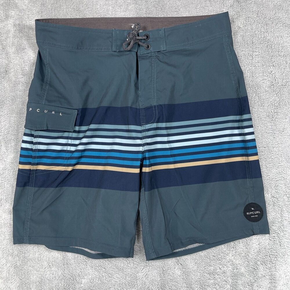 Rip Curl Board Short Boys 18 Blue Logo Stretch Stripes Swim Surfing Drawstring